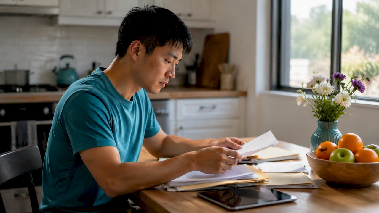 Hands sorting mortgage documents on desk