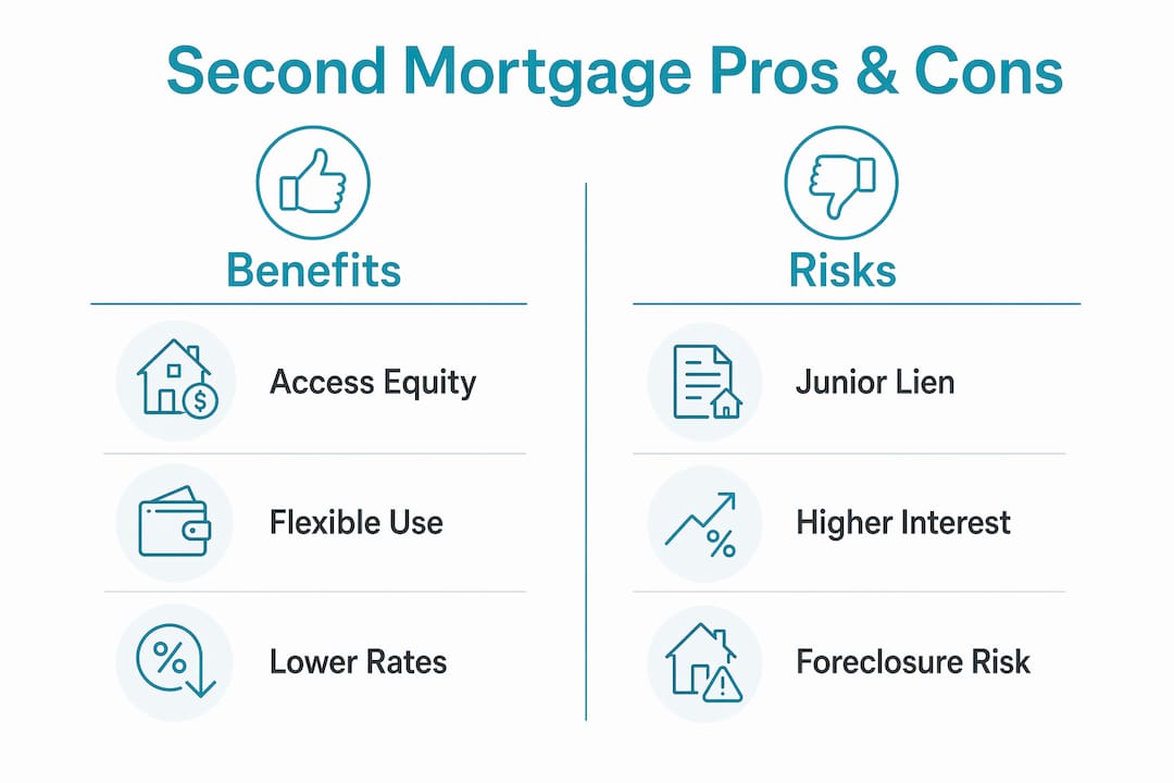 Infographic comparing benefits and risks of second mortgages