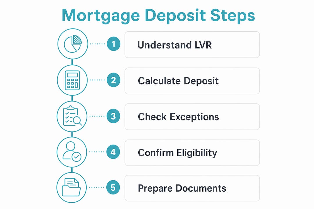 Infographic of mortgage deposit steps and LVR restrictions in NZ