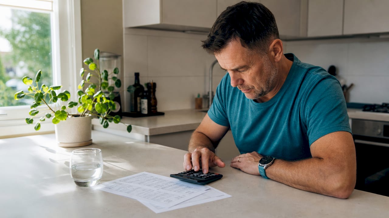 Hands using calculator with mortgage tables