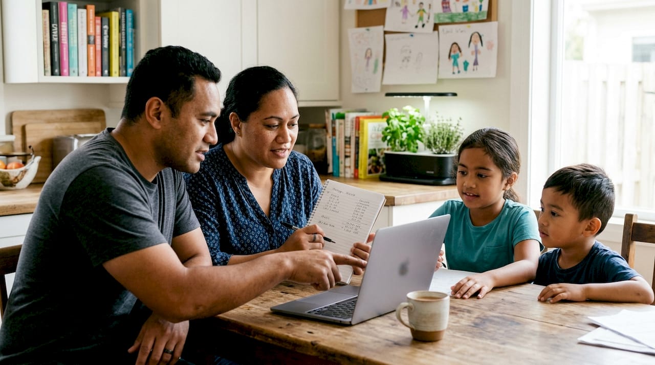 Family reviewing mortgage budget on laptop