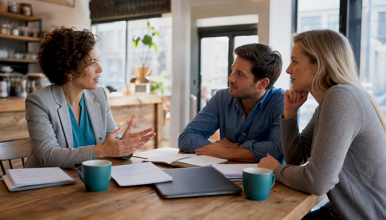 Loan officer advising couple on mortgage calculations