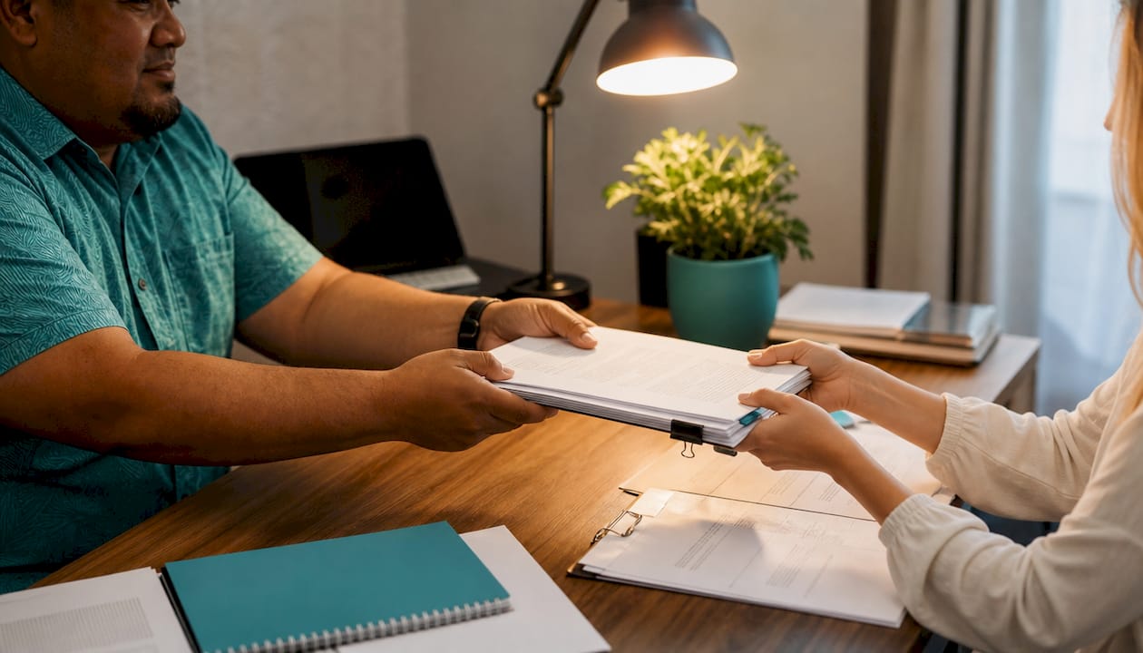 Hands exchanging NZ mortgage eligibility documents