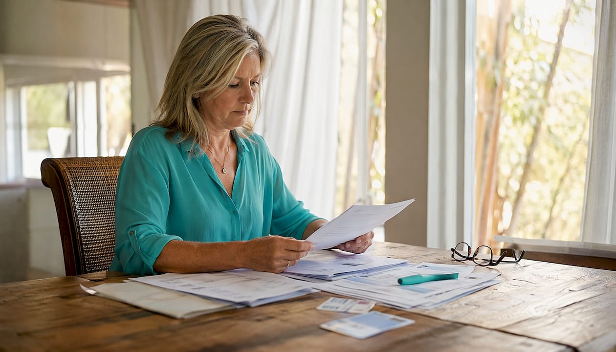 Hands organizing mortgage application papers on desk