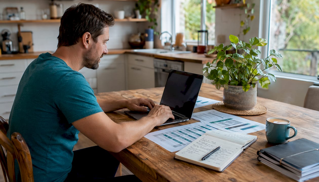 Hands typing with mortgage term charts