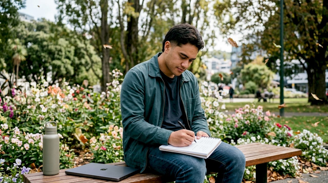Young man planning home deposit savings in library