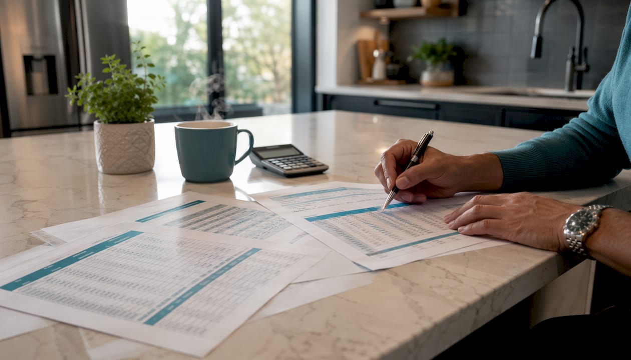 Hands pointing to mortgage amortization table close-up