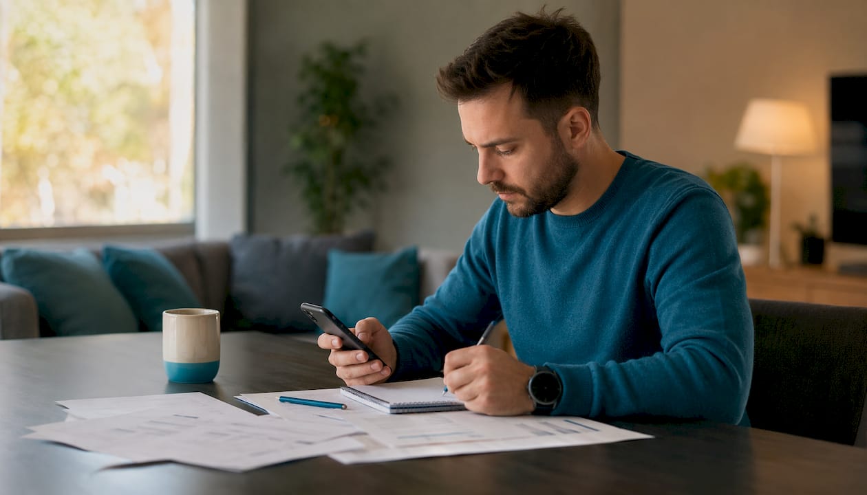 Young man calculating mortgage inputs on smartphone