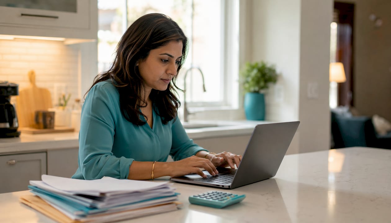 Woman typing loan calculations at desk side profile