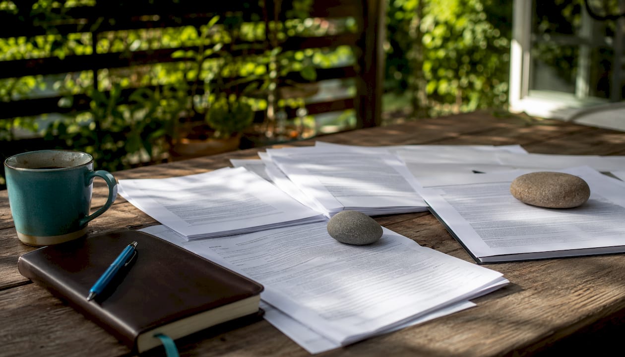 Desk with regulatory documents and calculator overhead