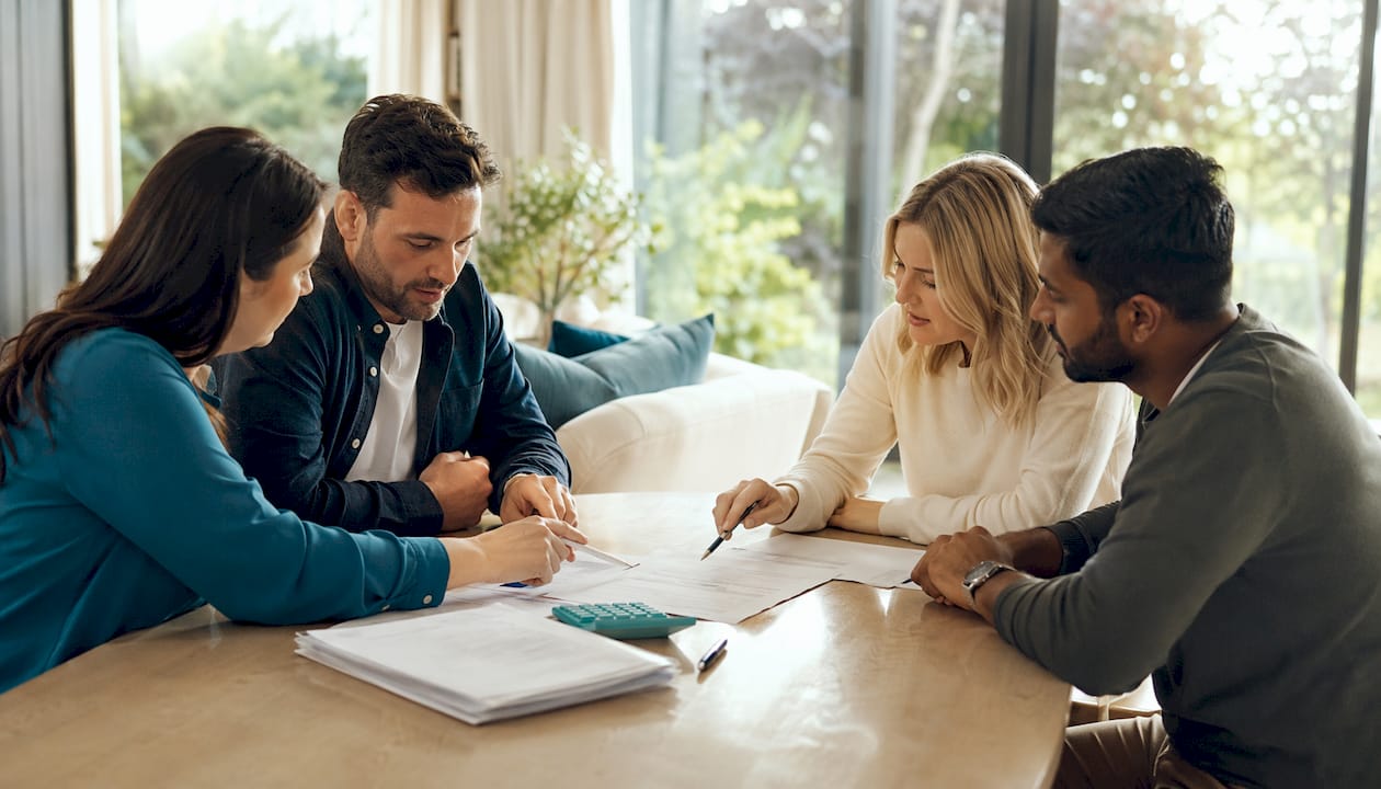 Hands with split home loan papers and calculator