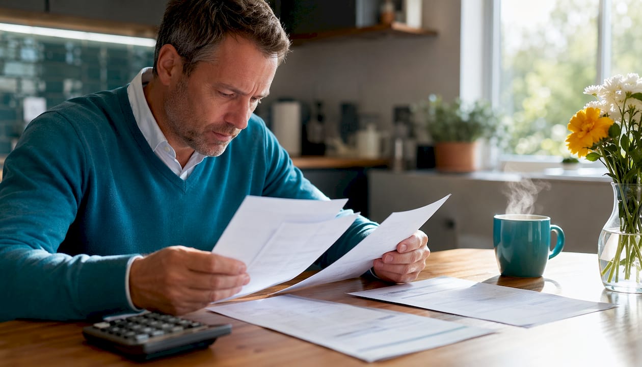 Man reviewing payslips and employment contract
