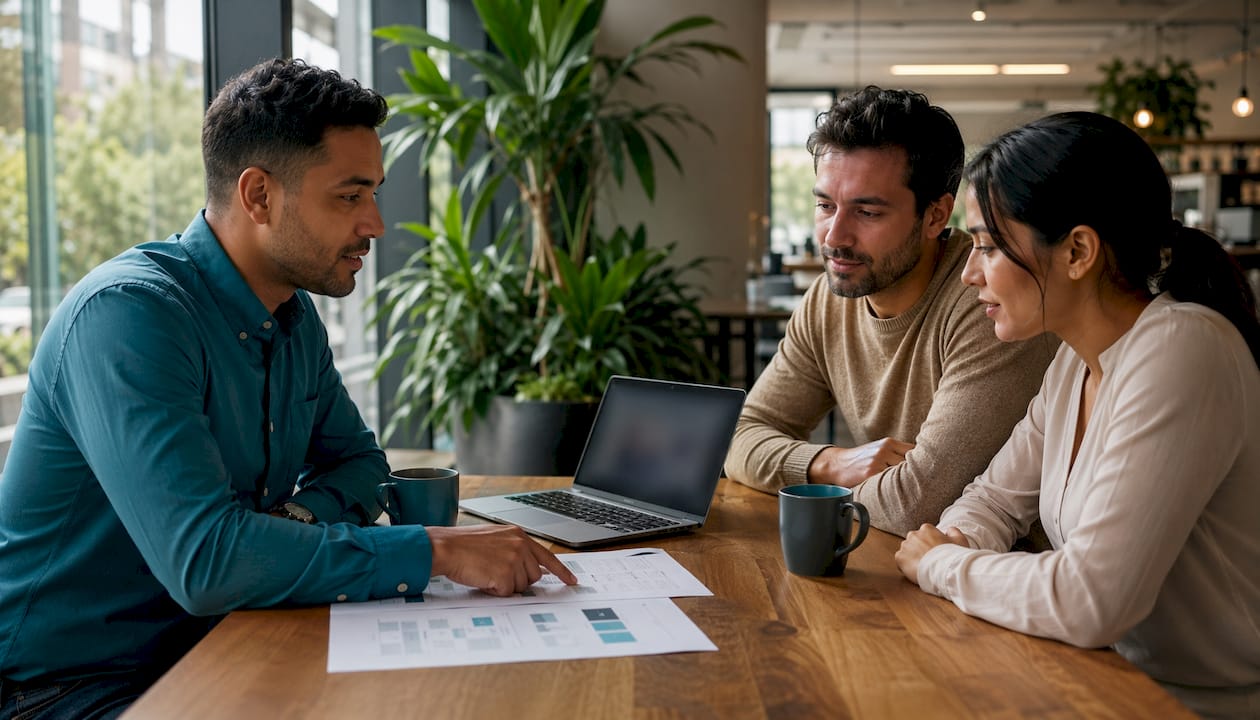 Mortgage adviser explaining loan details to couple
