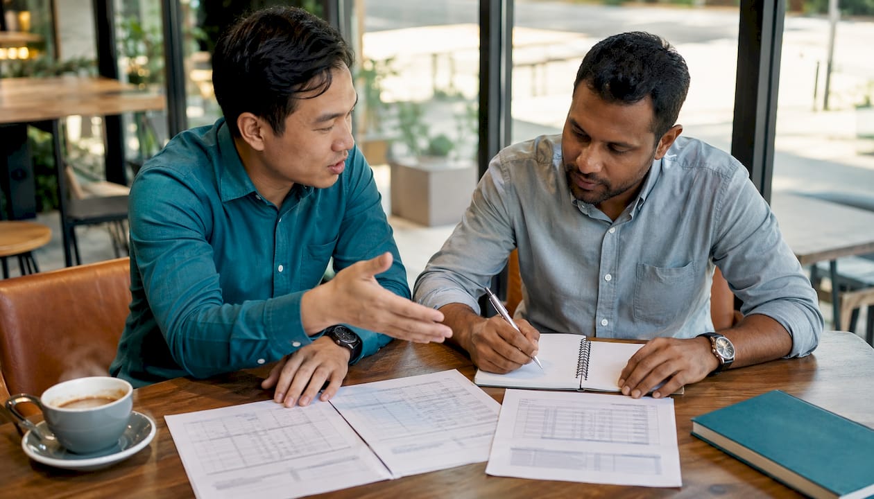 Two men discussing mortgage amortisation charts