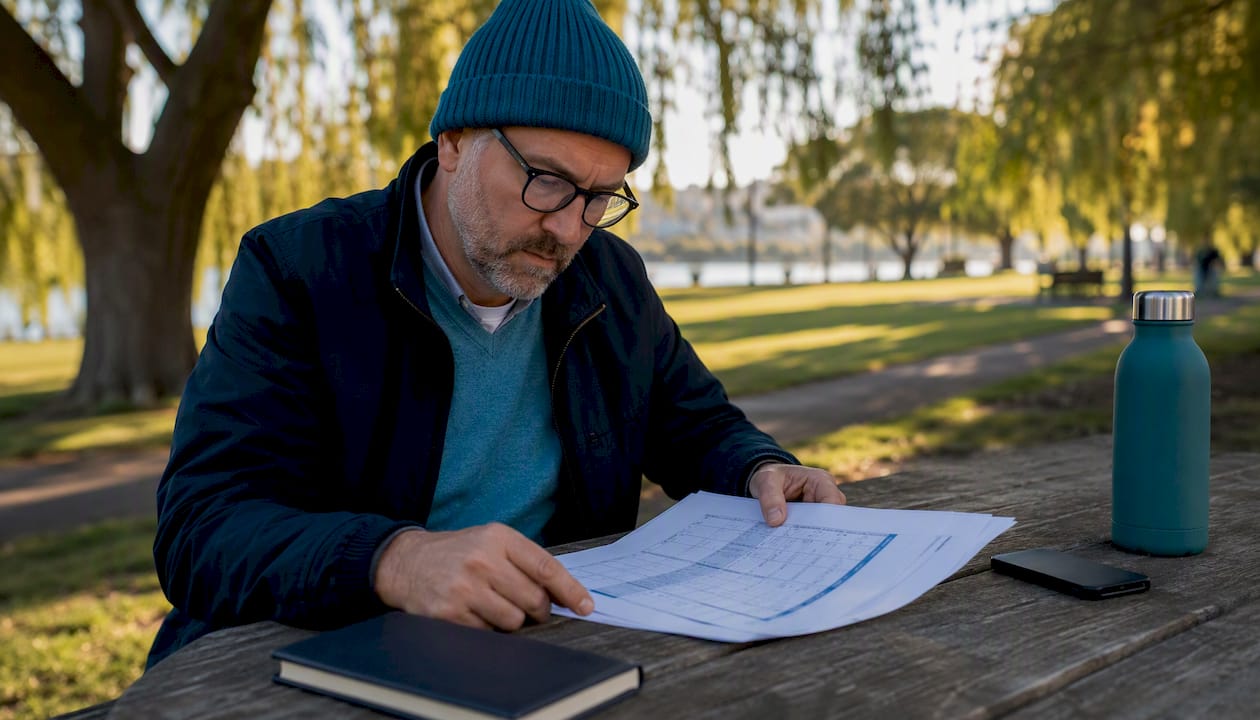 Man comparing home loan tables outdoors