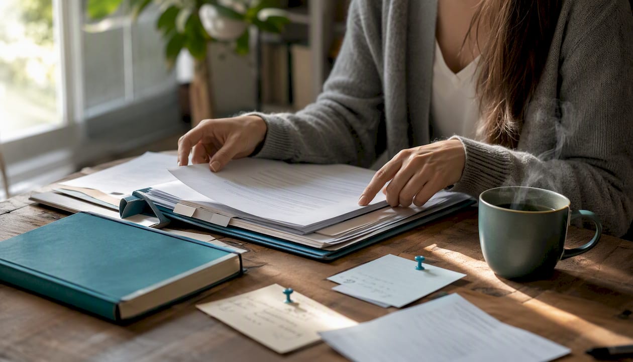 Hands organizing loan documents on laptop