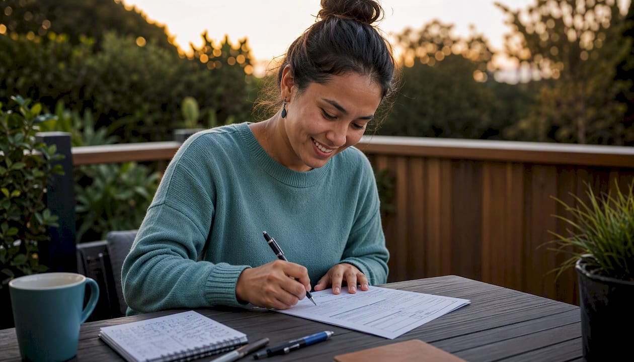 Hands signing home loan documents at kitchen table
