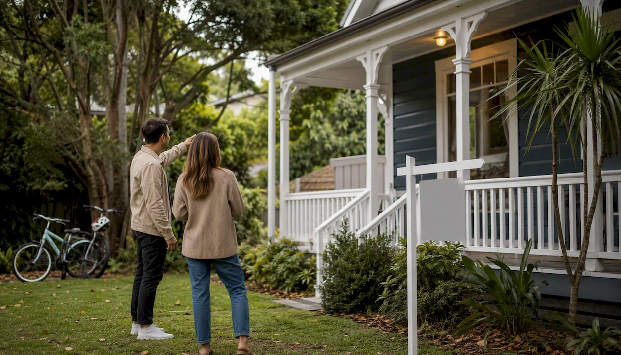 Couple inspecting Auckland home exterior
