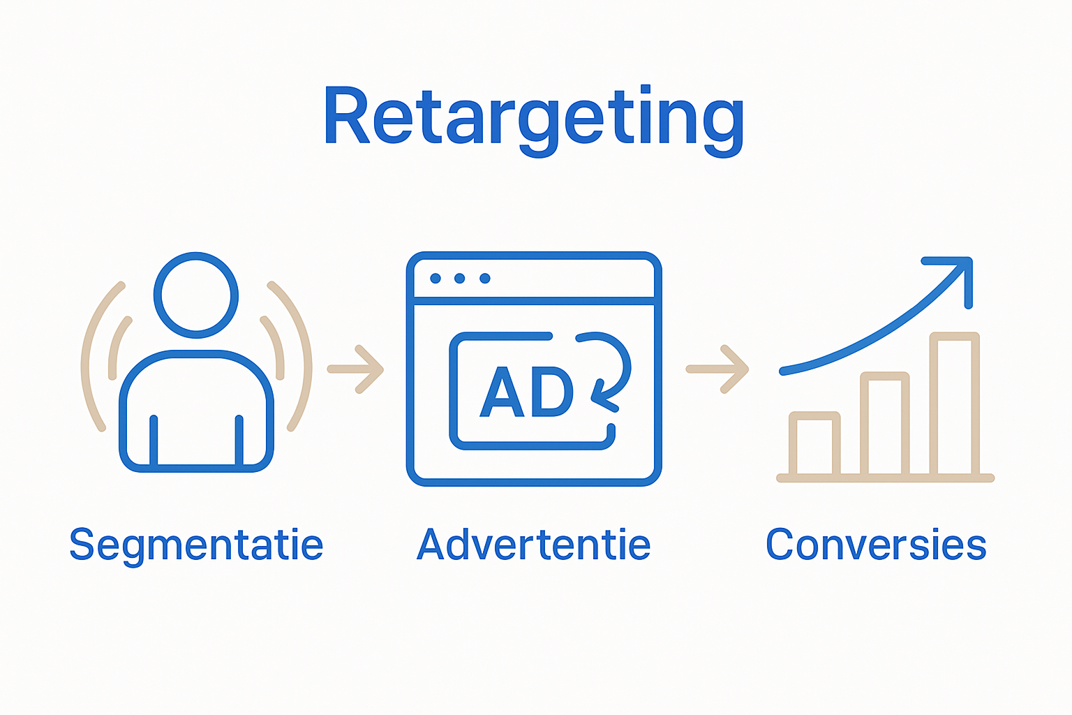Infographic met retargetingproces: segmenteren, adverteren, conversie.