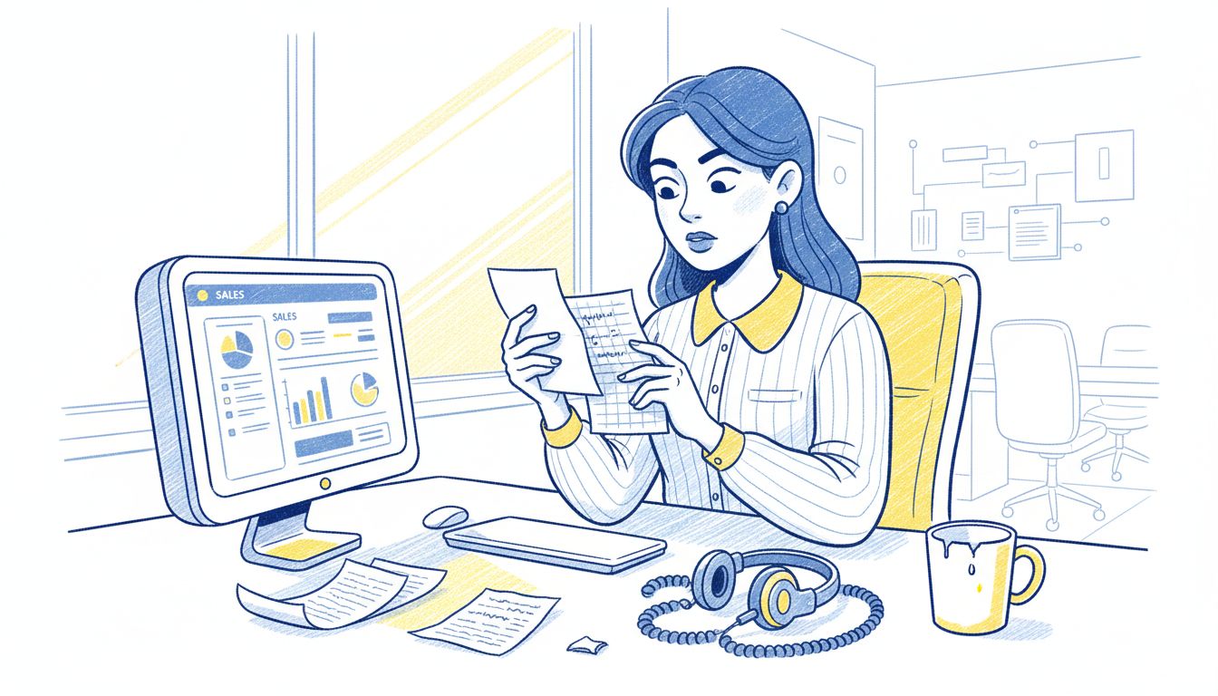 Woman reviewing leads in busy workspace