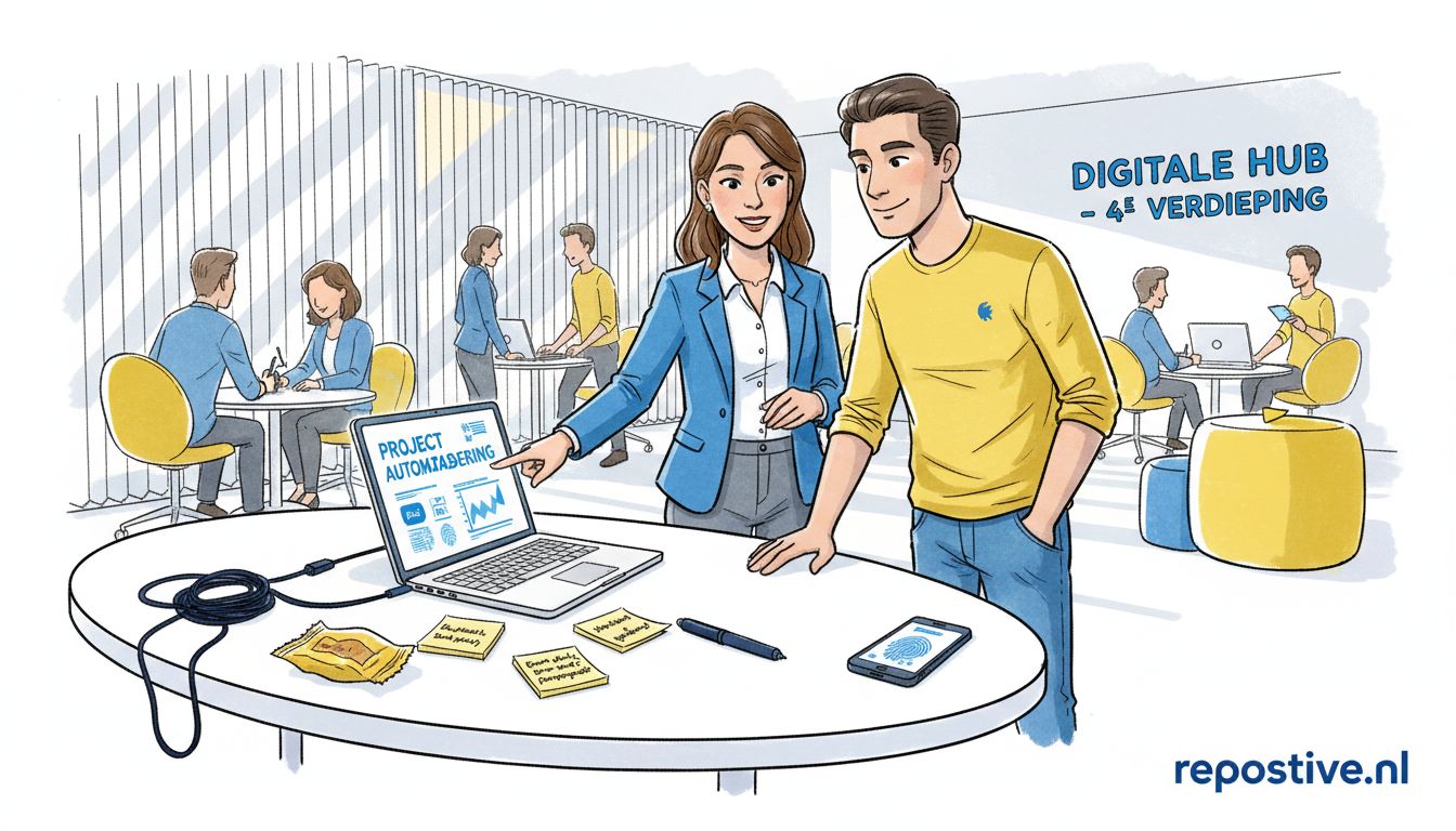 Collega’s bespreken samen het werk aan een gedeeld bureau op de werkvloer.