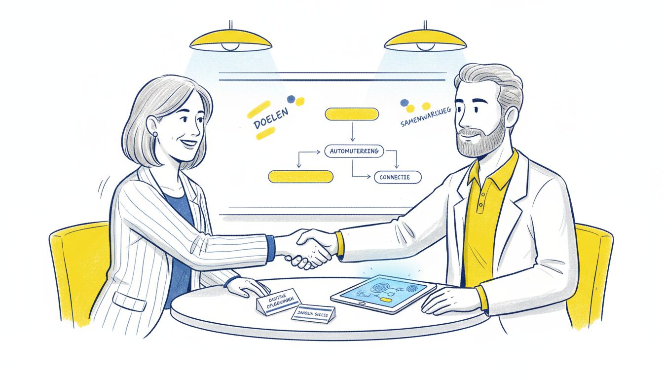 Een verkoper en een klant geven elkaar een hand op kantoor om de deal te bezegelen.