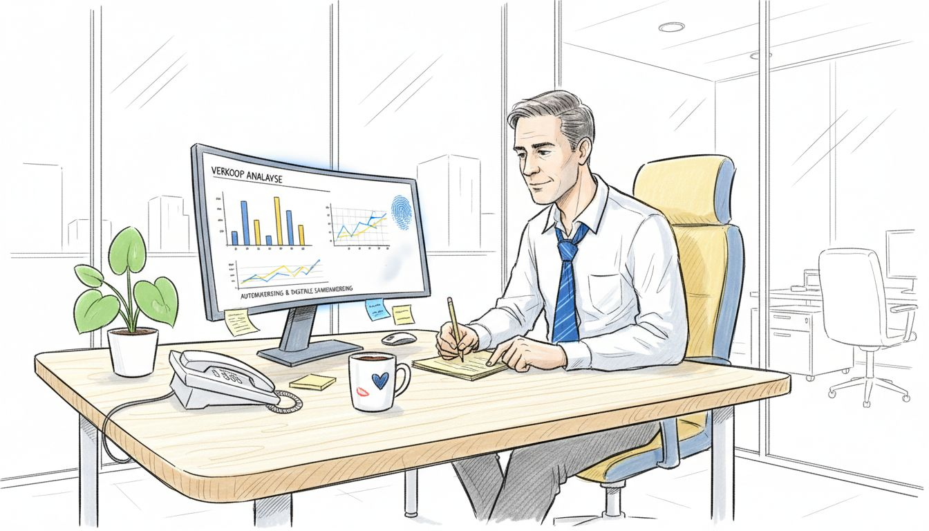 Een salesmanager verdiept zich aan zijn bureau in de analyse van potentiële klanten.