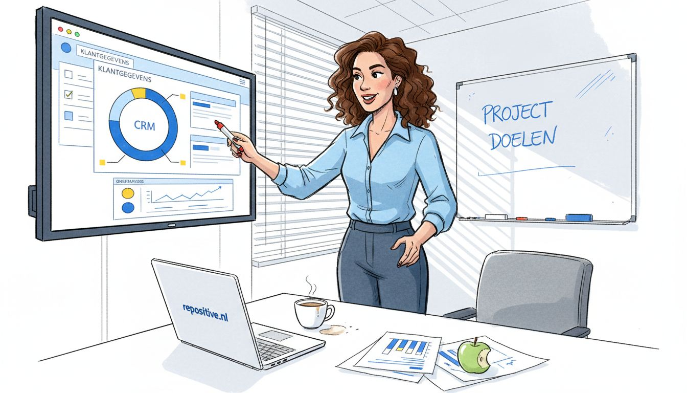 Een collega buigt zich over CRM-data aan een rommelig bureau.