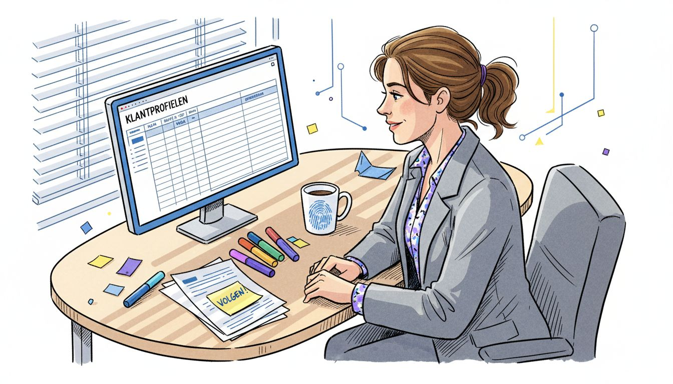 Aan haar drukke bureau past een vrouw de gegevens van een zakelijke klant aan.