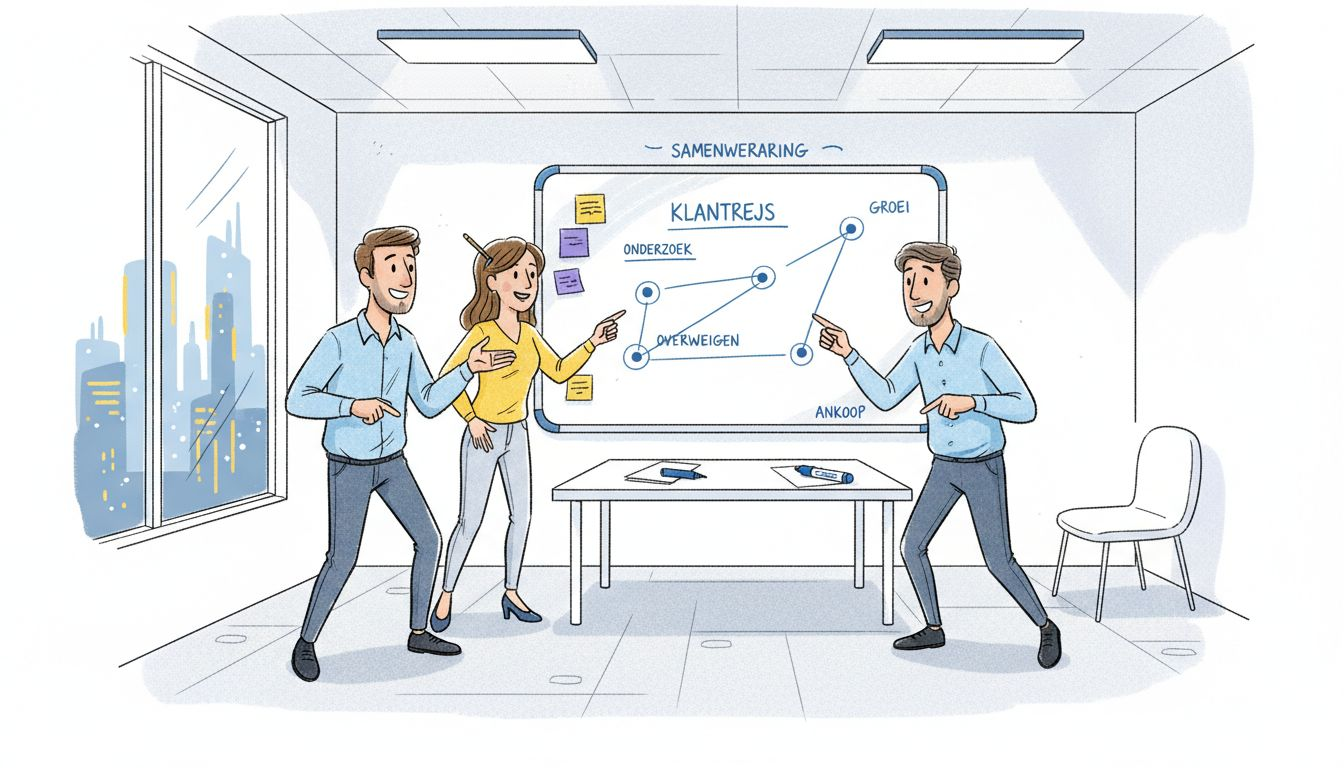 Het salesteam neemt samen de verschillende stappen in de verkoopfunnel door.