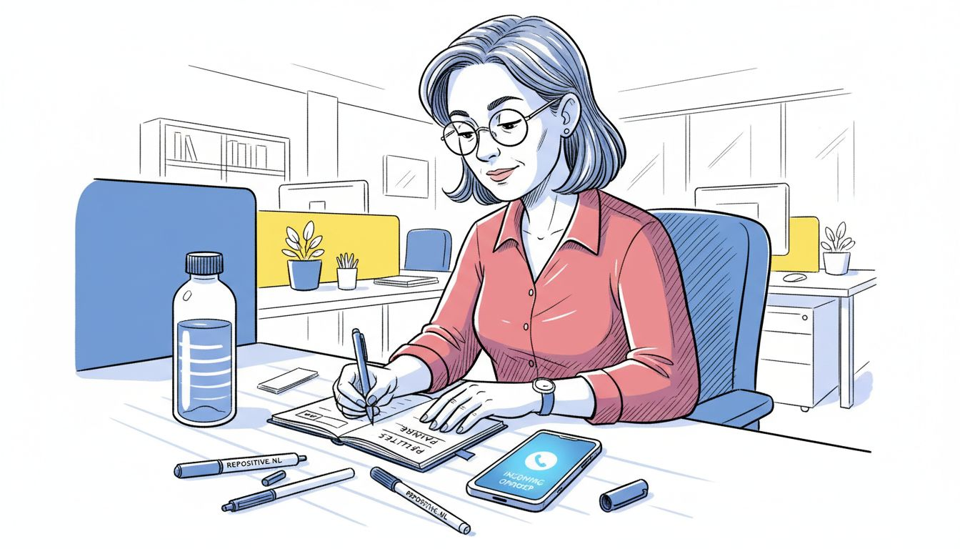 Een vrouw zet haar belangrijkste punten op een rij voordat ze een verkoopgesprek ingaat.