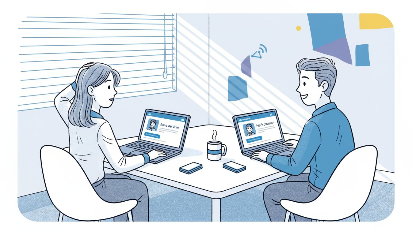 Het team overlegt op kantoor over het outreach-onderzoek.