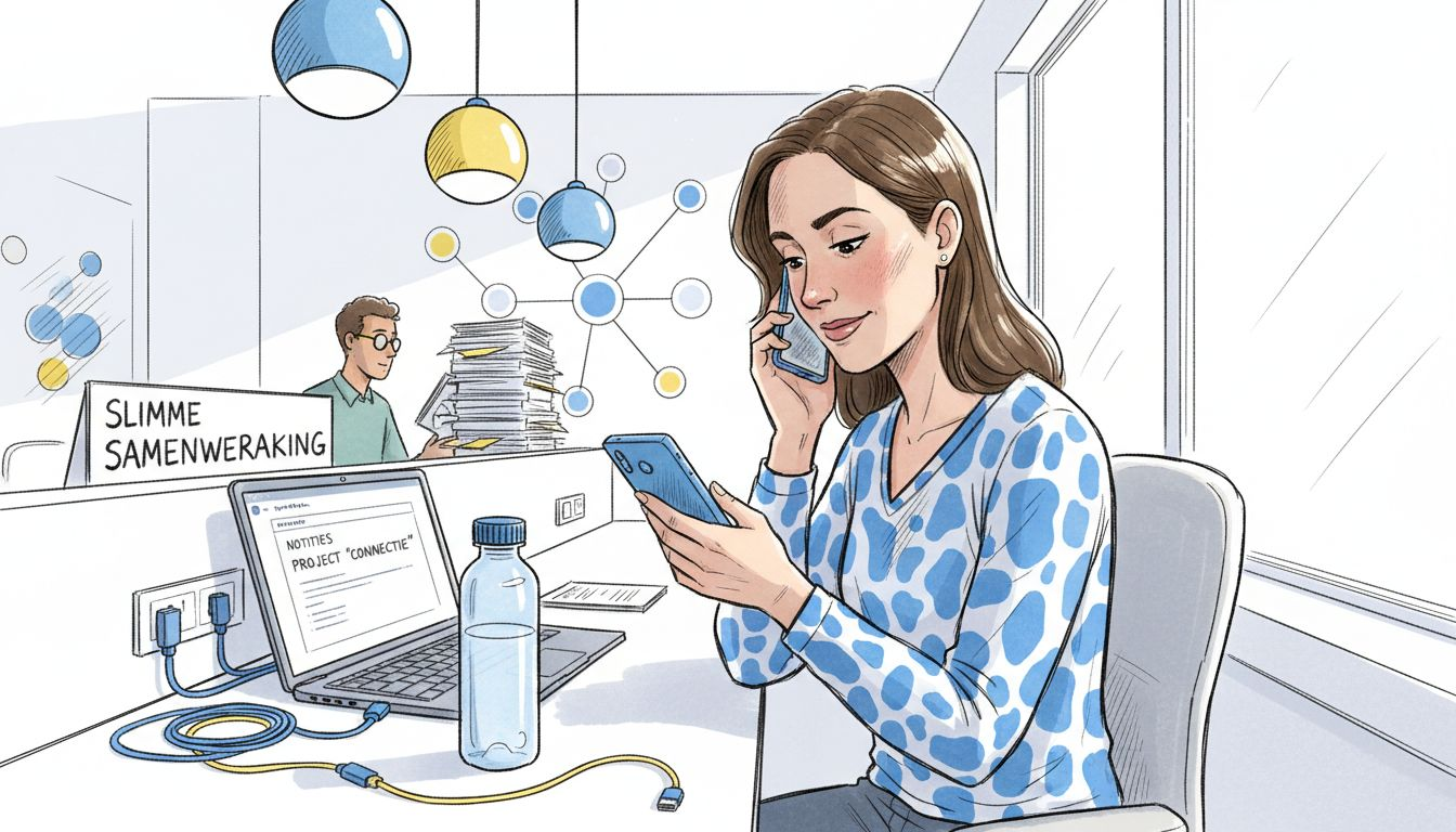 Een vrouw voert een telefoongesprek op een drukke kantoortuin.