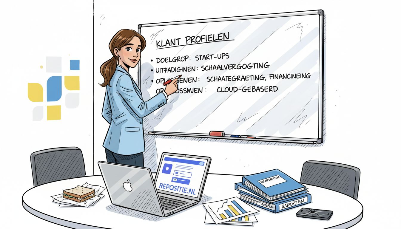 Een analist is bezig met het opstellen van klantprofielen in de vergaderruimte.