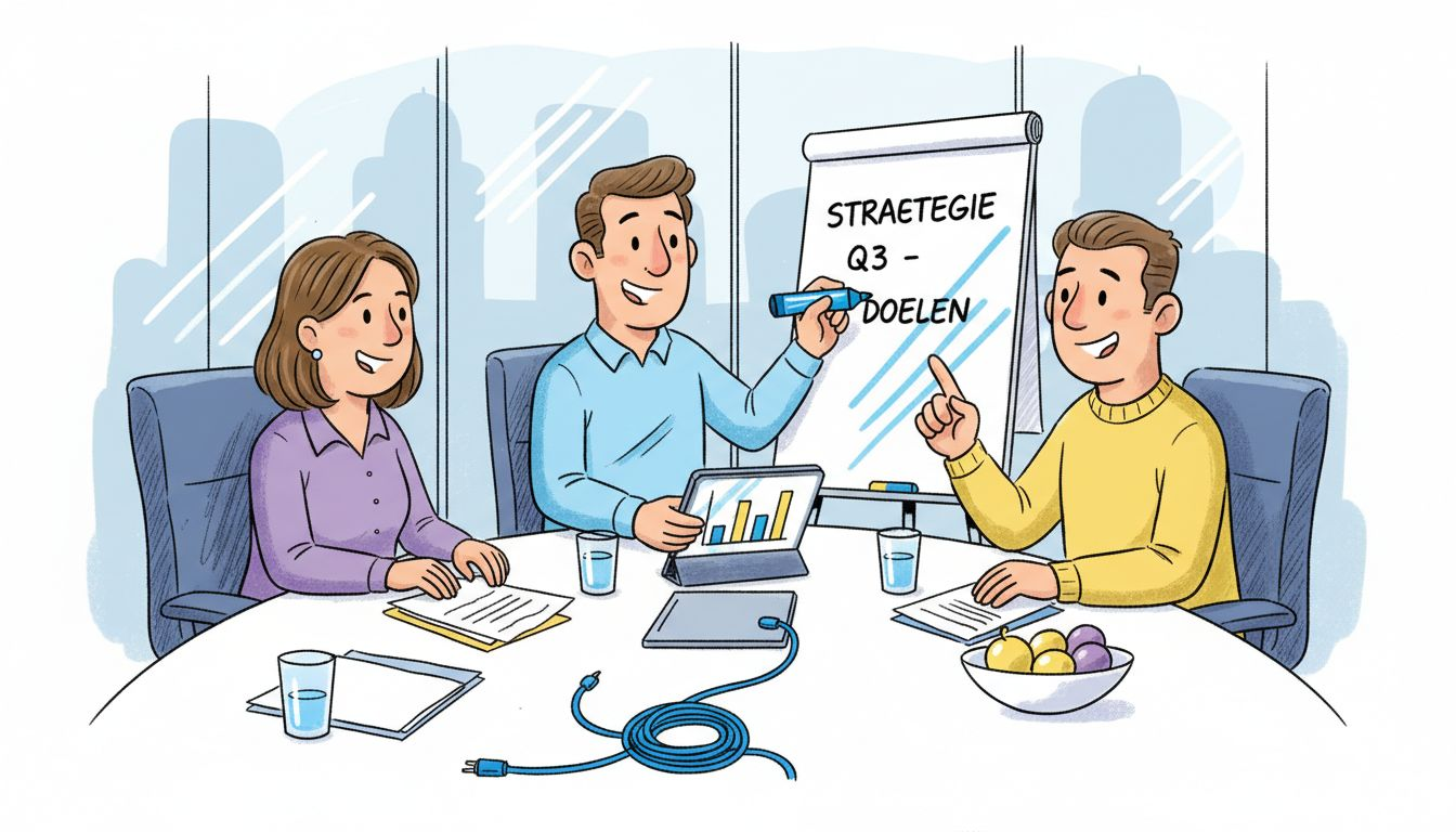 Het team zit samen aan tafel om de uitkomsten van de data-analyse te bespreken.