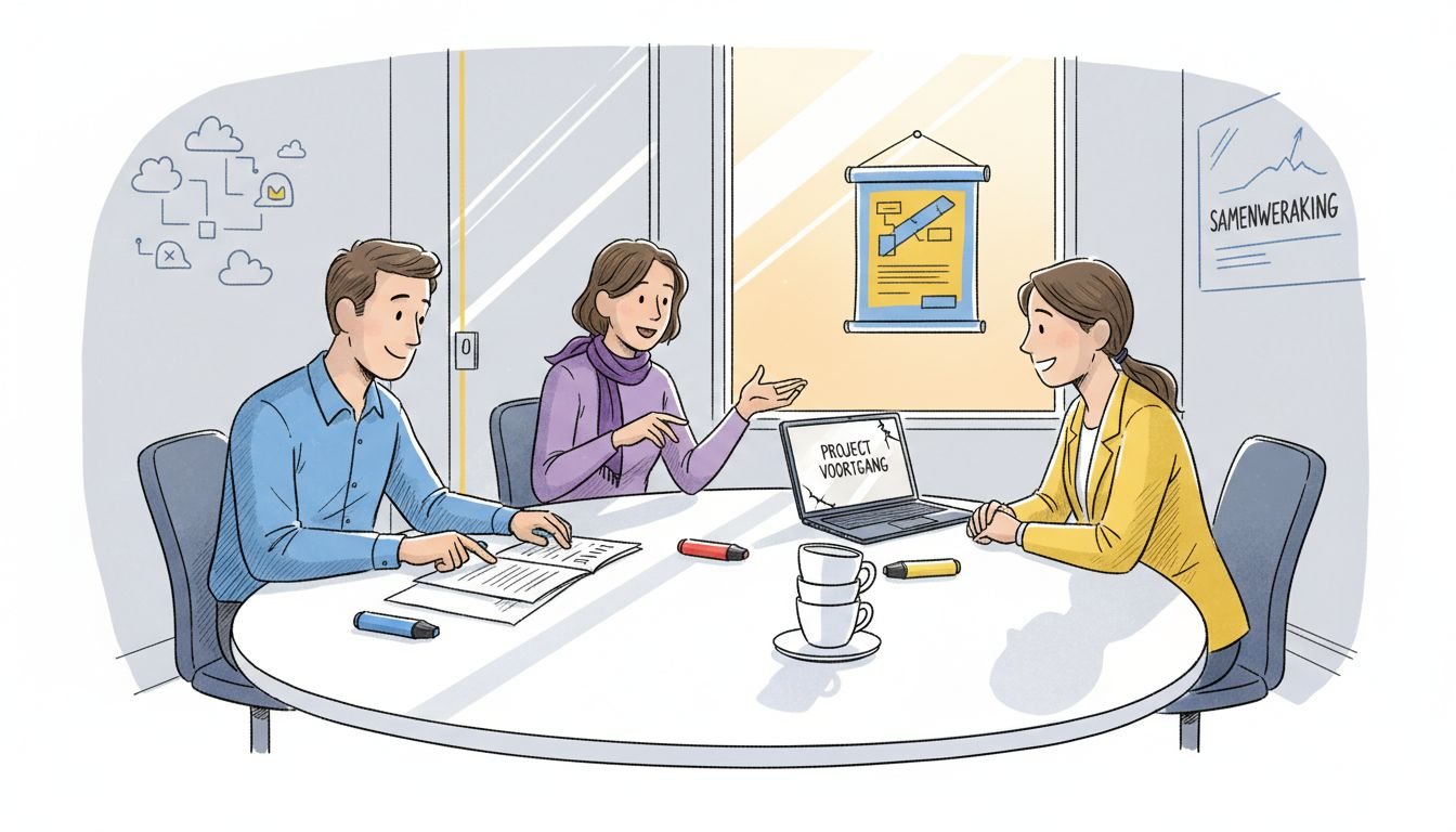 Het salesteam zit samen aan tafel om het rapport grondig door te nemen.