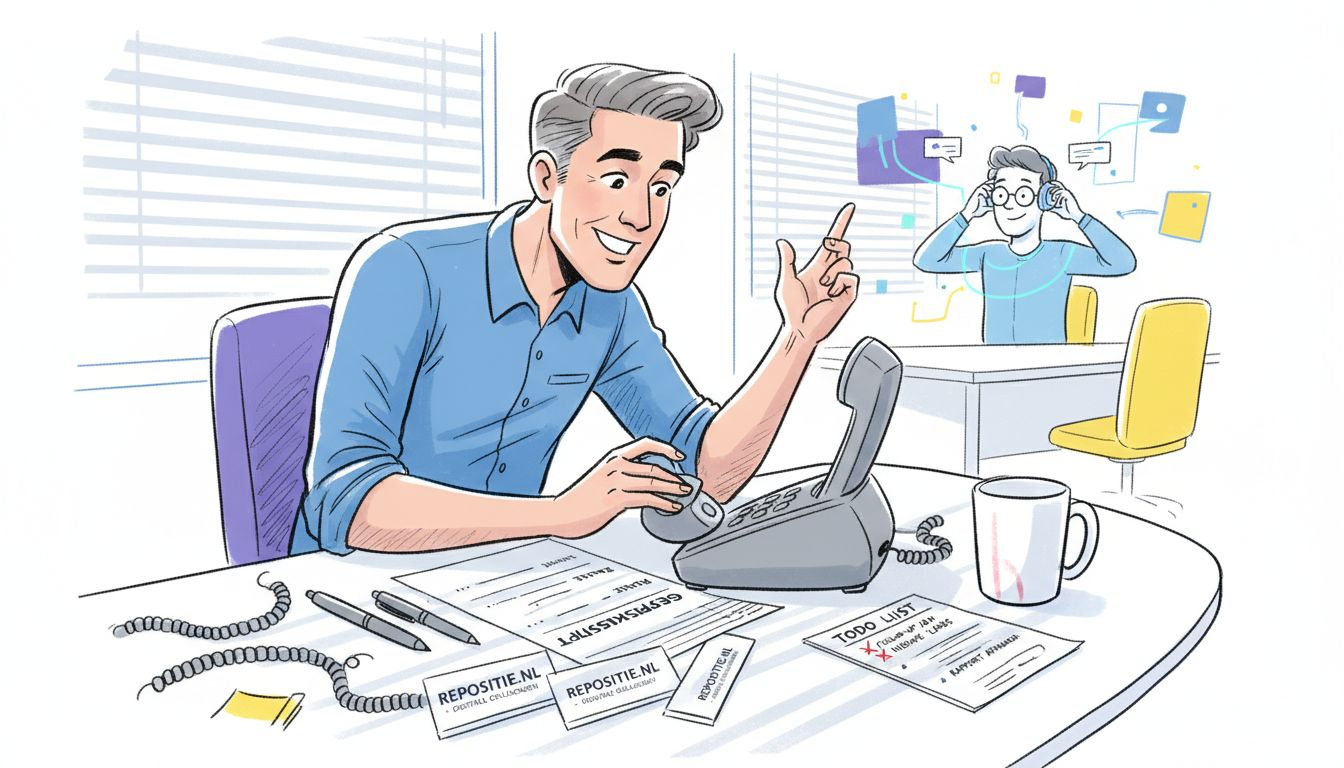 Een verkoper voert telefoongesprekken vanaf een chaotisch bureau vol papieren en spullen.