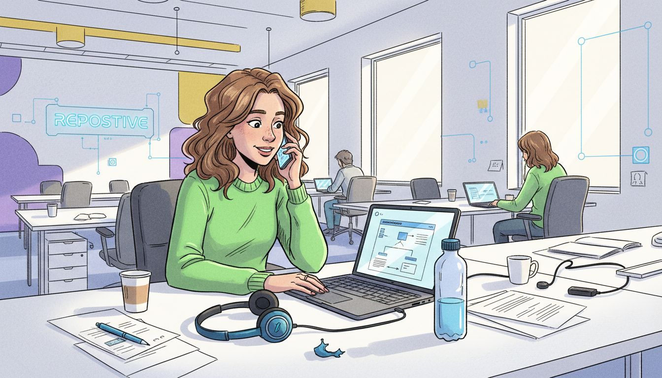 Een vrouw is druk aan het bellen met potentiële klanten op een levendige kantoorvloer.