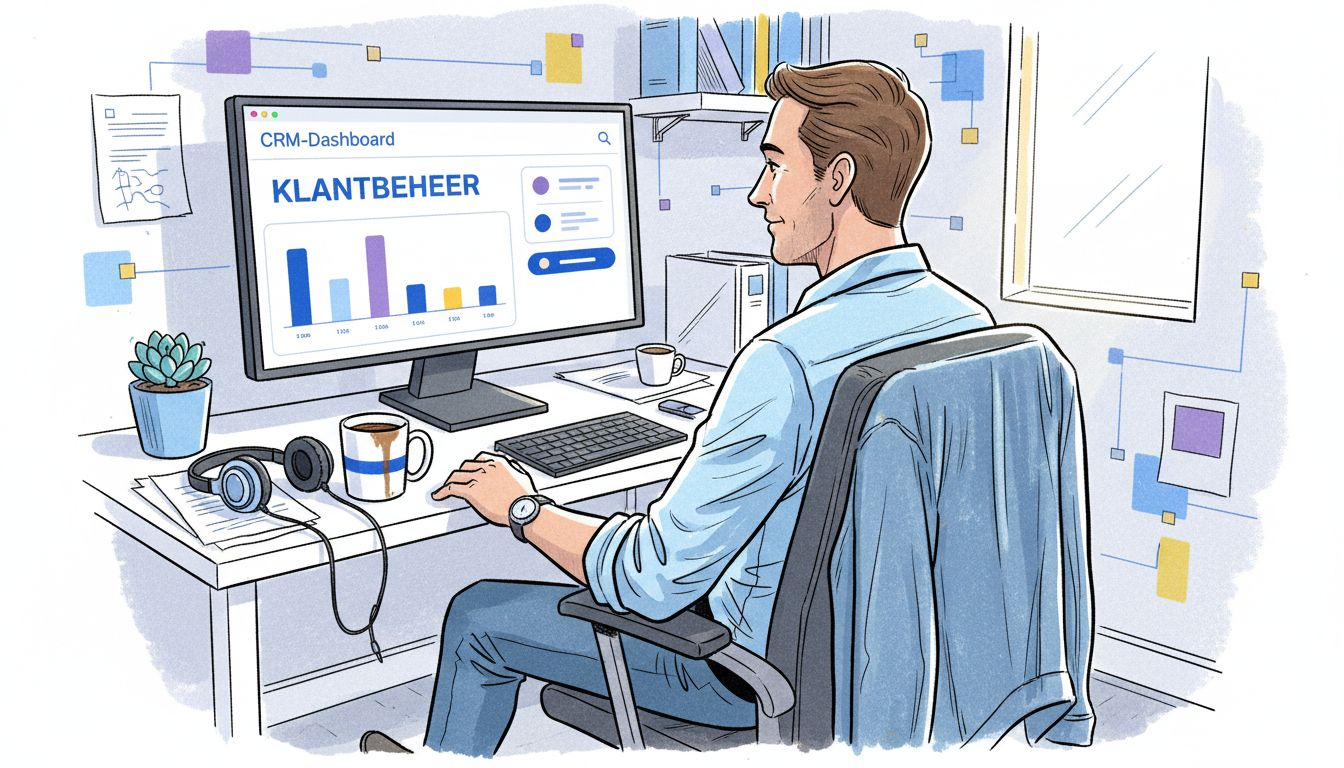 Een marketeer analyseert het CRM-dashboard om nieuwe leads te verzamelen.