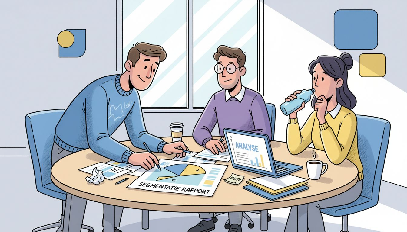 Het managementteam buigt zich over een grafiek met doelgroepsegmenten om hun strategie te bespreken.