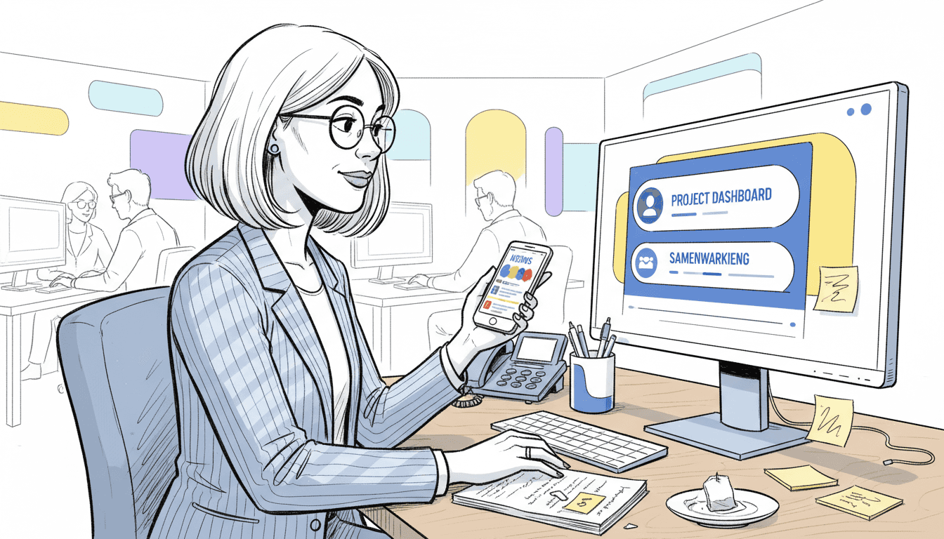 Een medewerker zit achter zijn bureau en is druk bezig met het beantwoorden van e-mails, telefoontjes en berichten via LinkedIn.