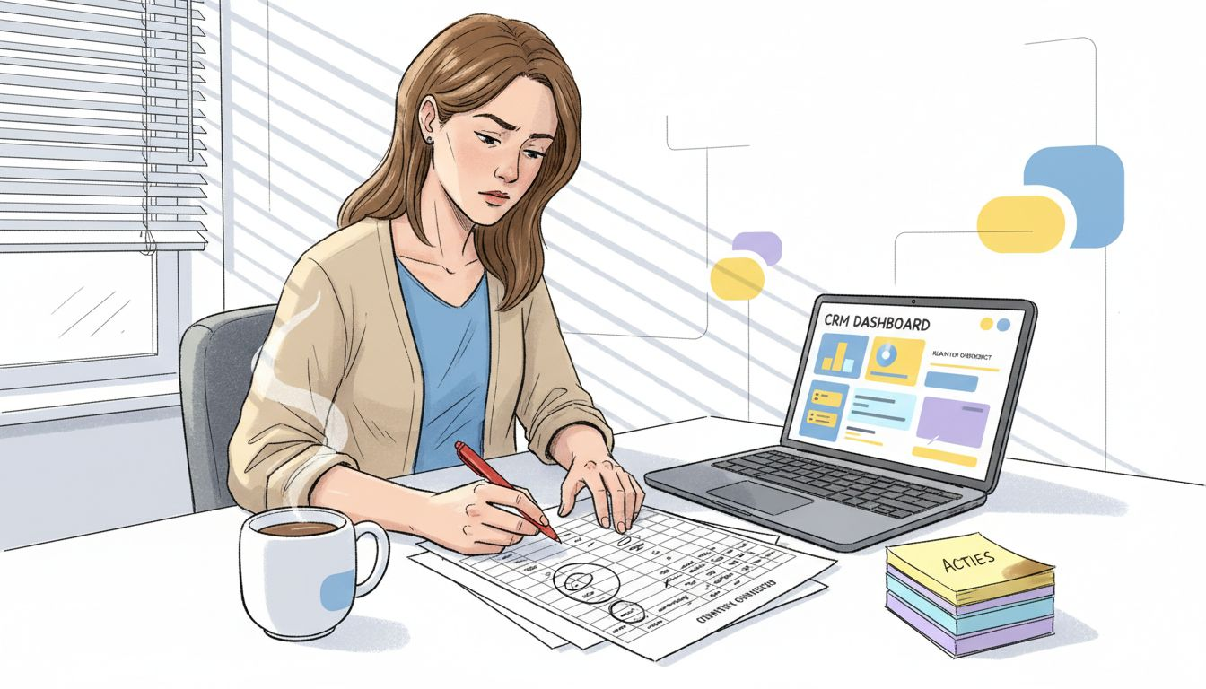 Een vrouw werkt geconcentreerd aan een spreadsheet met B2B-leads aan haar bureau op kantoor.