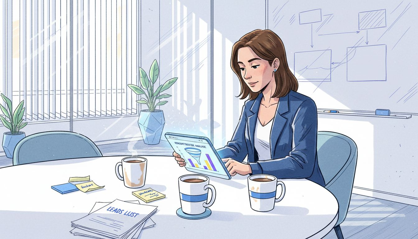 Een vrouw bespreekt de salesfunnel tijdens een vergadering aan tafel.