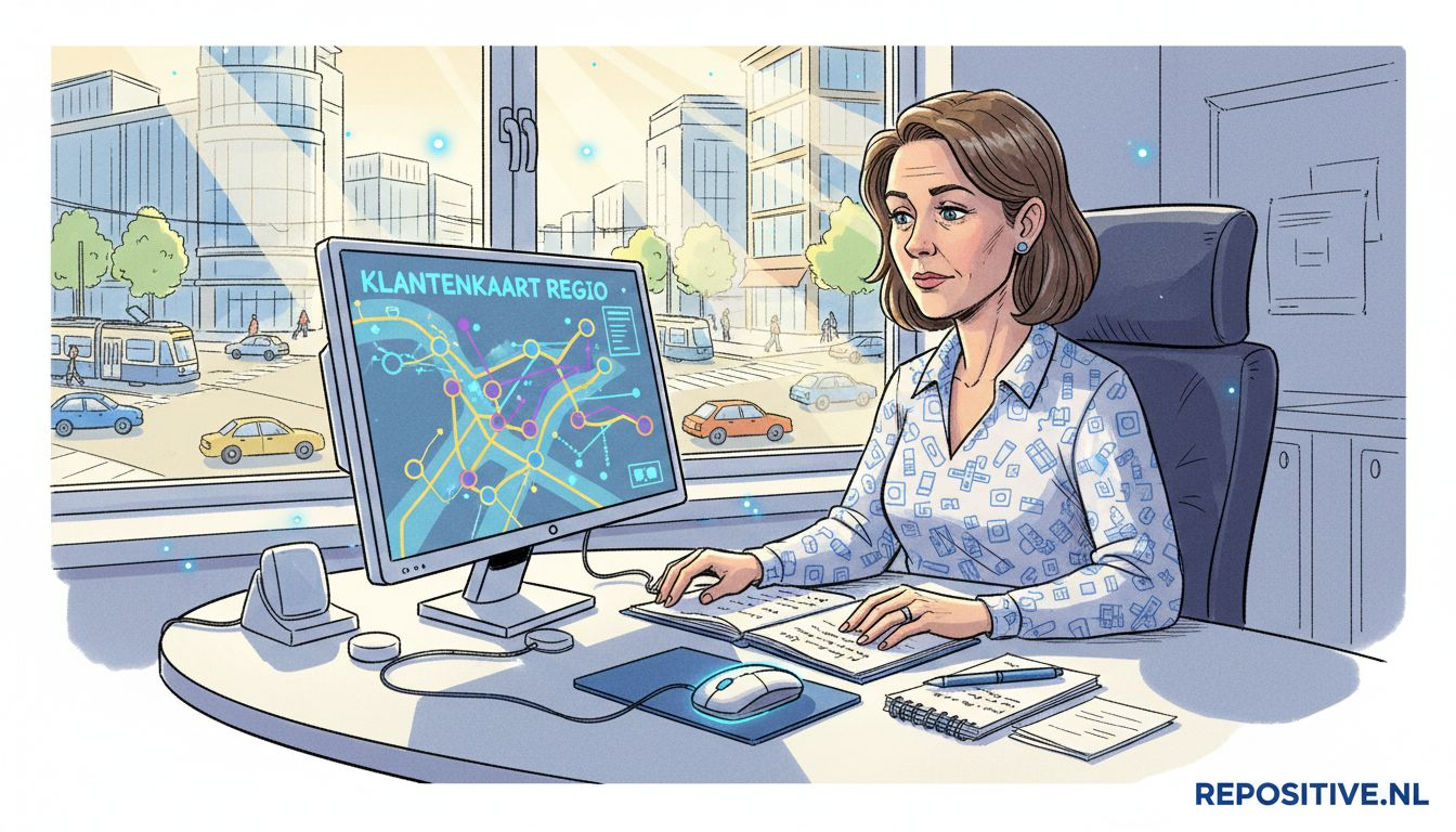 Een vrouw buigt zich op kantoor over de regionale indeling en analyseert de fit met de pipeline.