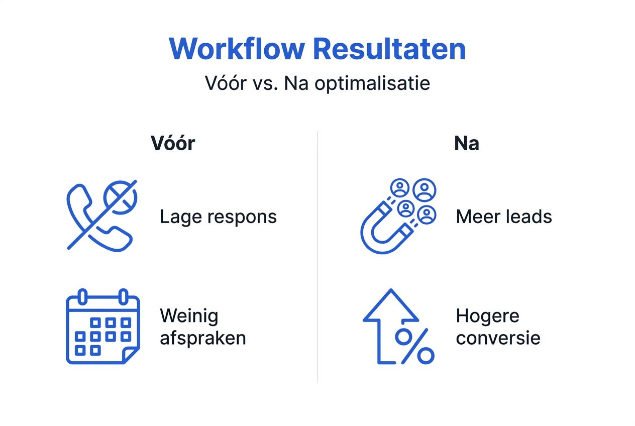 Overzichtelijke infographic met workflow-resultaten vóór en na optimalisatie