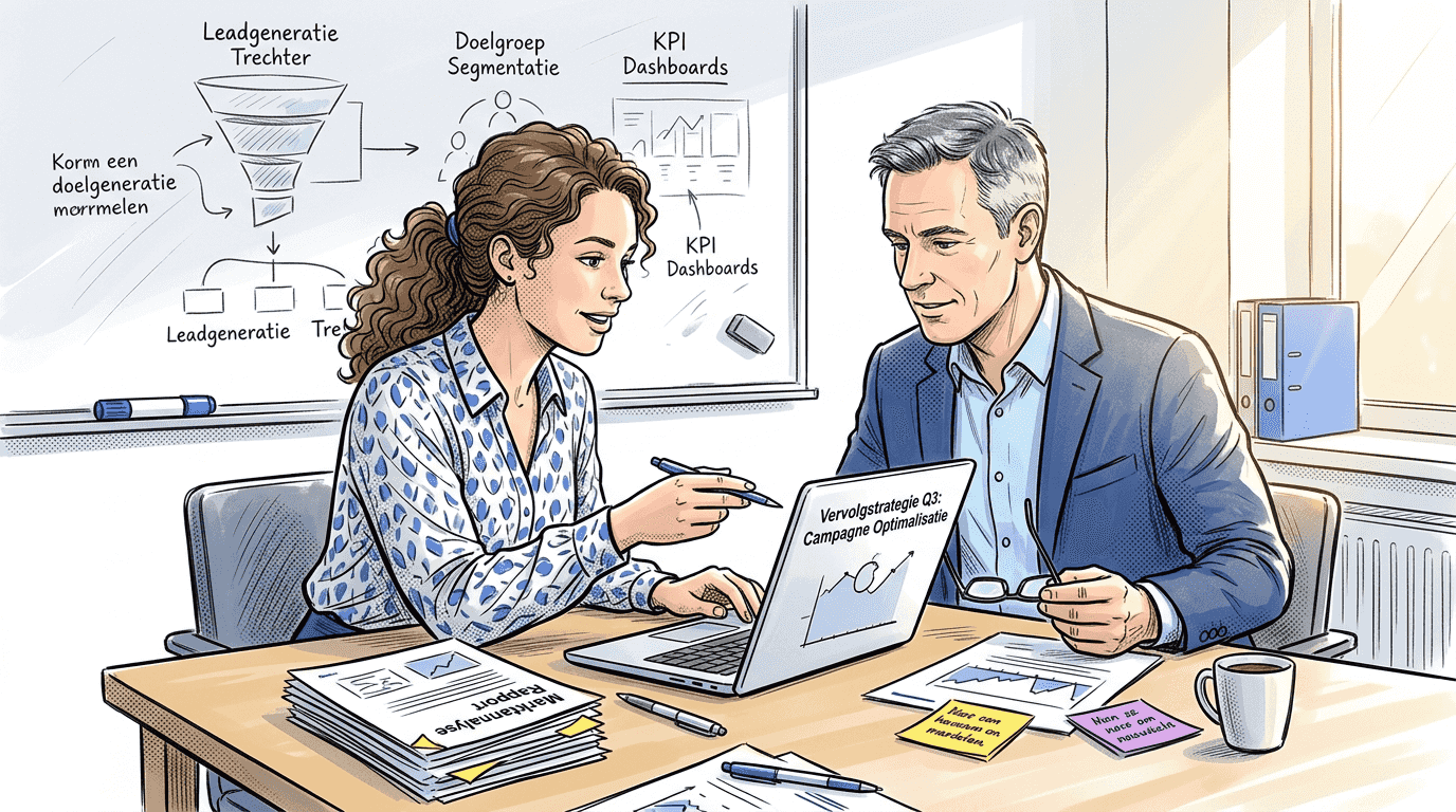 Het team overlegt tijdens de vergadering over de vervolgstappen en de strategie voor het verdere traject.