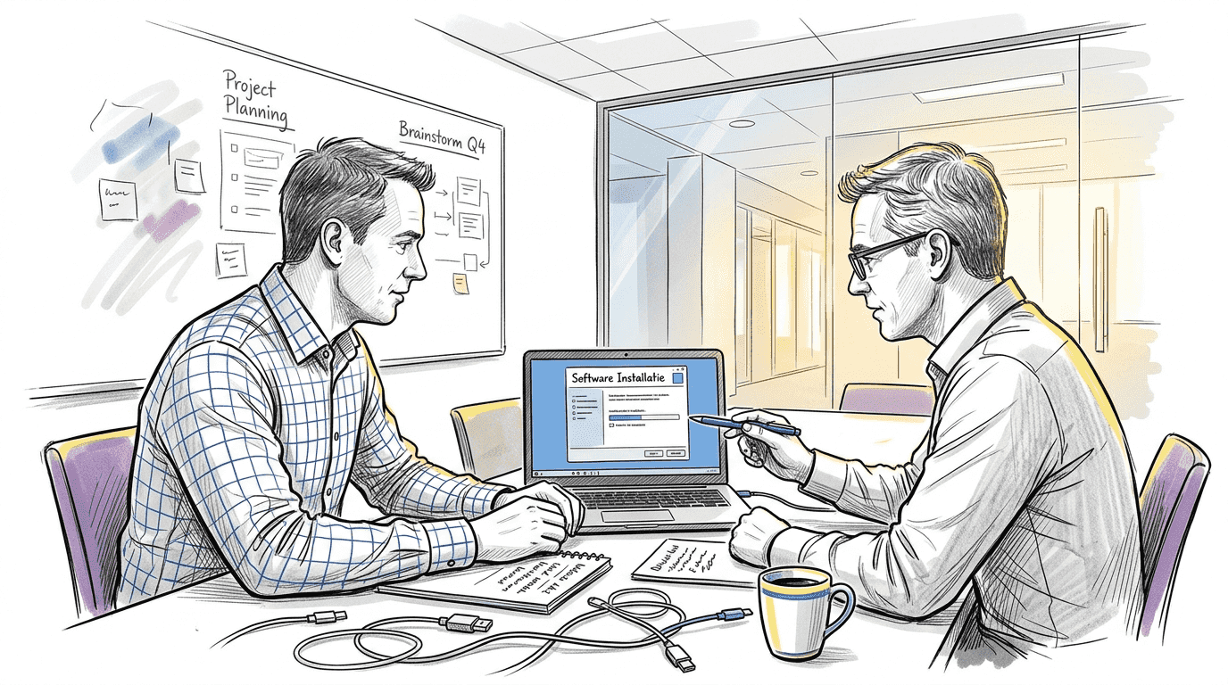 Collega’s die hangend boven een laptop samen de mogelijkheden van een nieuwe technologie bespreken.