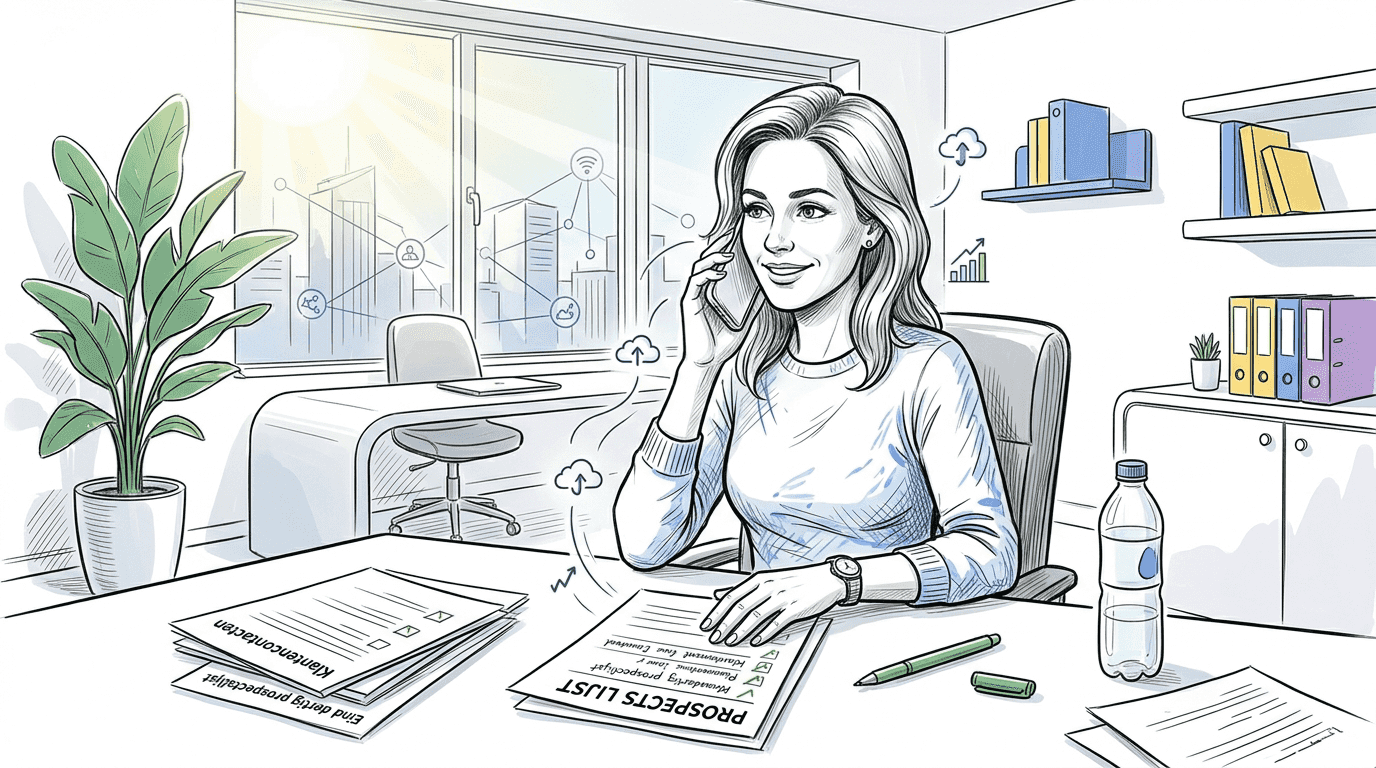 Een zakelijk geklede vrouw voert telefoongesprekken met potentiële klanten op kantoor.