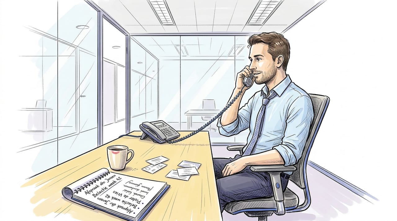 Commercieel medewerker die aandachtig luistert tijdens een telefonisch acquisitiegesprek