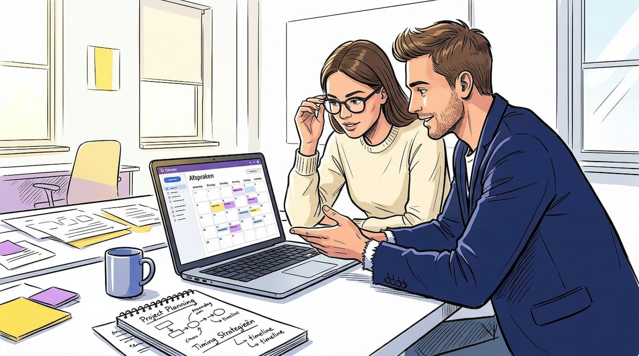 Collega’s overleggen hoe ze het beste hun verkoopmomenten kunnen plannen.